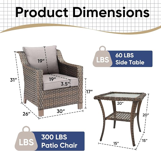 3 Pieces Patio Furniture Set-Wicker Patio Chairs Set of 2 with Tempered Glass End Table Outdoor Patio Chairs for Deck Balcony Poolside Backyard-Brown/Grey