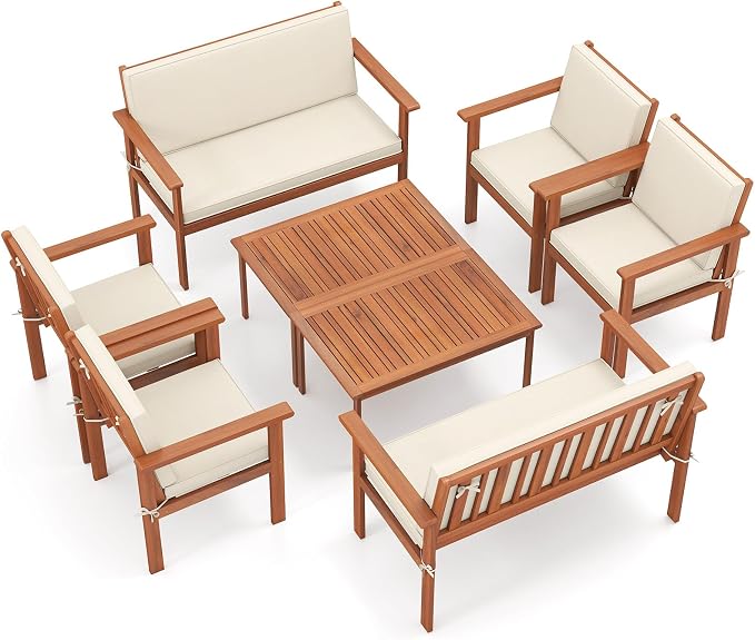 Tangkula 8 Pieces Acacia Wood Patio Conversation Set, Outdoor Wooden Cushioned Chairs & Slatted Coffee Table Set,for Backyard, Porch, Balcony, Poolside and Lawn (Off White,2)
