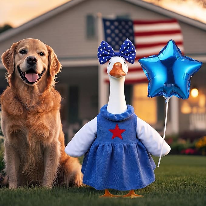 Soulchen 1 Set 4th of July Porch Goose Outfit 23 Inch Patriotic Red White Blue Cement Goose Clothes Dress and Headband Set for 250th Anniversary Independence Day Holiday Garden Yard Decor
