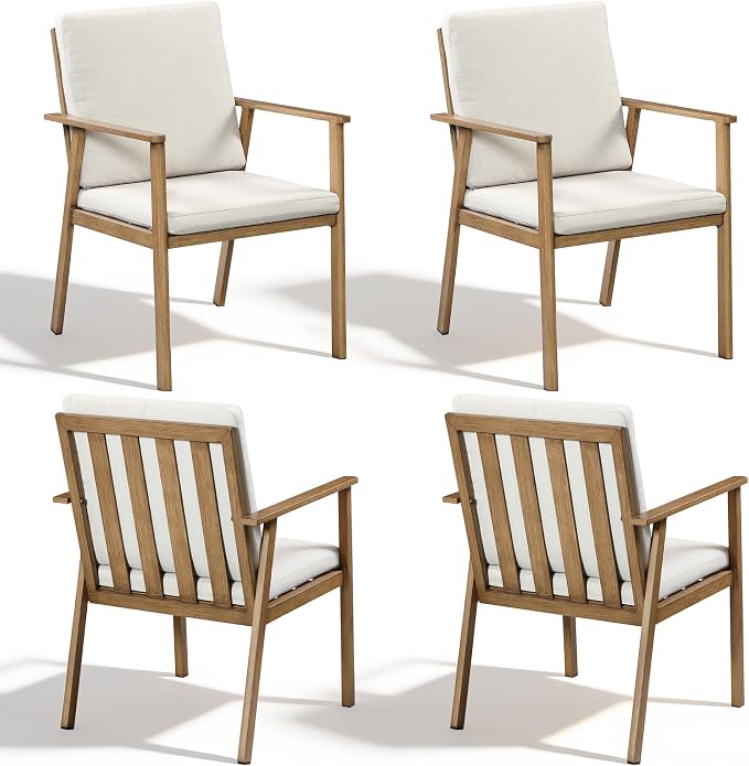 Outdoor Patio Dining Chairs Set of 4, Never-Rust Aluminum Garden Chairs with Thickened Washable Cushions, All Weather Patio Armchairs with Wider Seat for Backyard, Lawn, Poolside, Porch, Teak