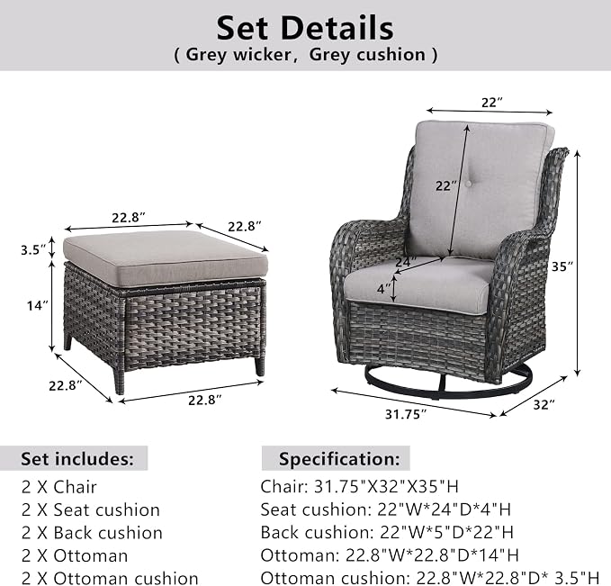 Belord Outdoor Swivel Chairs Set of 2,Patio Wicker Rocker Chairs with Ottomans, All Weather Patio Conversation Furniture Set, Ideal for Porch Balcony Deck Yard, Gray Wicker/Gray