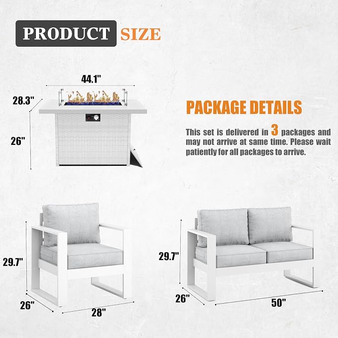 Outdoor Aluminum Furniture Set with Fire Pit Table - 4 Pieces Modern Patio Conversation Sets Metal Sectional Sofa Set