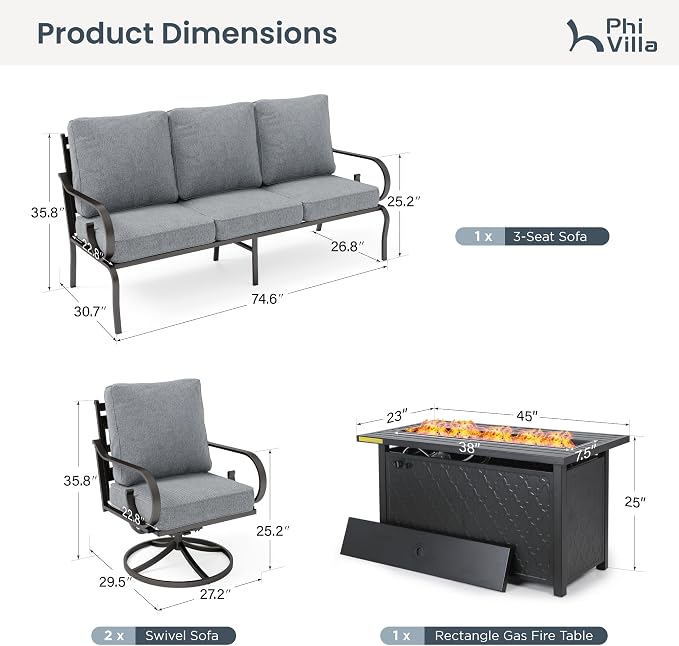 PHI VILLA Patio Furniture Set, 3-Seater Sofa, 2 Swivel Chairs and a 45" Fire Pit Table, Outdoor Metal Conversation Set with 5.75" Extra Thick Cushion for Garden Backyard Deck, Grey