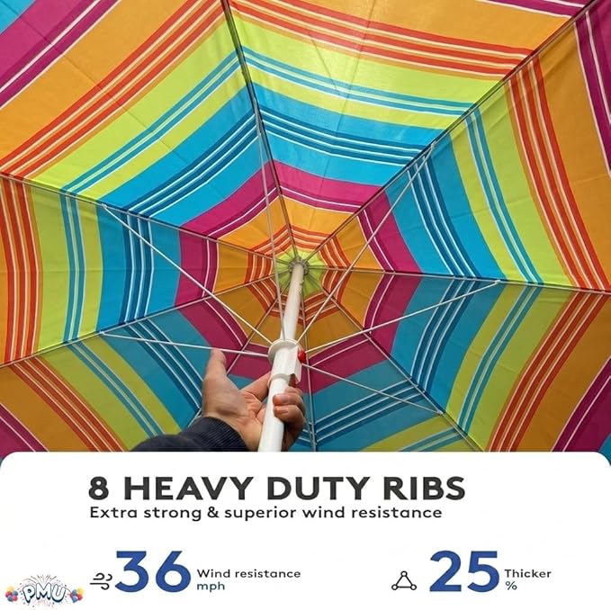 PMU 6 Pcs Set Beach Umbrella 72in Open – Tropical Flamingo Print & Rainbow Stripe, 160G Polyester Large Outdoor Patio Pool Parasol Umbrella for Garden, Deck, Backyard & Pool