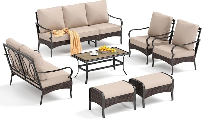 PHI VILLA Extra Large Outdoor Modern Patio Furniture Set, Upgraded Wicker & Metal Patio Conversation Set with Waterproof Thick Cushions for Porch, Poolside, Yard(7 Pieces,Beige)