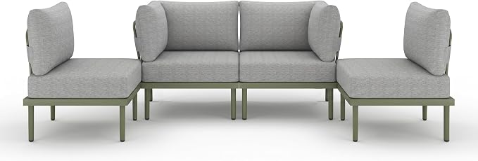 Sundale Outdoor 4 Pieces Patio Furniture Set, Metal Sectional Sofa Patio Conversation Set with 6 Inch Cushions, Modern Patio Corner Couch for Balcony, Porch, Sunroom (Grey/Green)