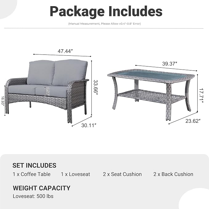 ovios 2-Piece Patio Furniture Set, Outdoor Wicker Sofa with Coffee Table, High Back Rattan Couch Loveseat with Comfy Cushions for Porch Yard Deck, Dark Grey
