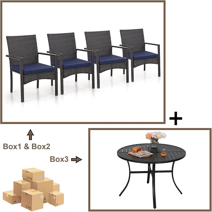 Sophia & William 5 Pieces Round Patio Dining Set, All Weather Patio Table and Chairs Set for 4, 42" Dia Round Outdoor Table with Umbrella Hole, 4 Rattan Chairs with Cushion