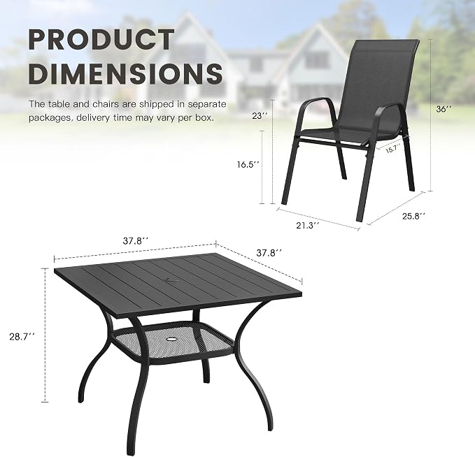 5 Pieces Outdoor Dining Set, 37.8" Square Table with Umbrella Hole & Stackable Patio Dining Chairs, Patio Table and Chairs Set for Deck Garden Porch, Black Chairs & Black Table