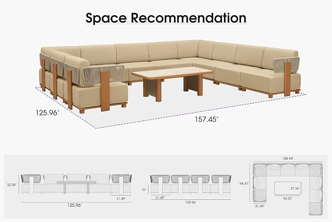 PURPLE LEAF Patio Furniture Set Modular U-Shaped Outdoor Sectional Sofa with 11" Thick Olefin Cushion 11-Piece Outdoor Conversation Set with Table for Backyard Garden Poolside, Beige