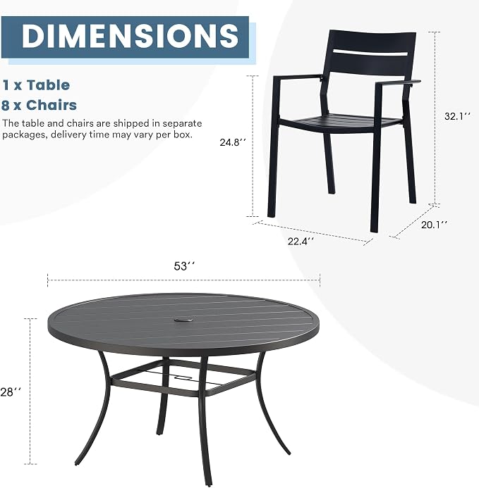 DIFY 9 Piece Outdoor Patio Dining Set for 8, Patio Table and Chairs Set with Umbrella Hole, 53" Round Dining Table and Stackable Metal Chairs for Backyard Garden Poolside, Black