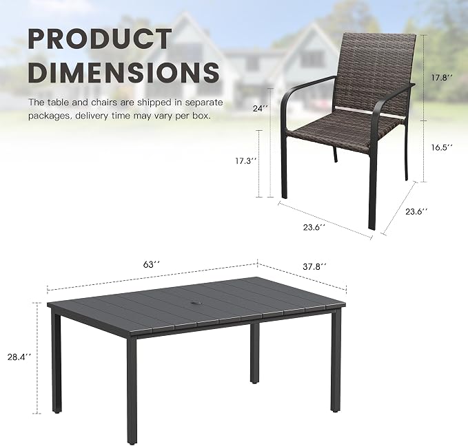 Outdoor Dining Set for 6, 63" Metal Rectangular Outdoor Dining Table with Umbrella Hole and Wicker Stackable Patio Chairs, 7 Pieces Patio Table and Chairs Set for Garden Backyard, Black