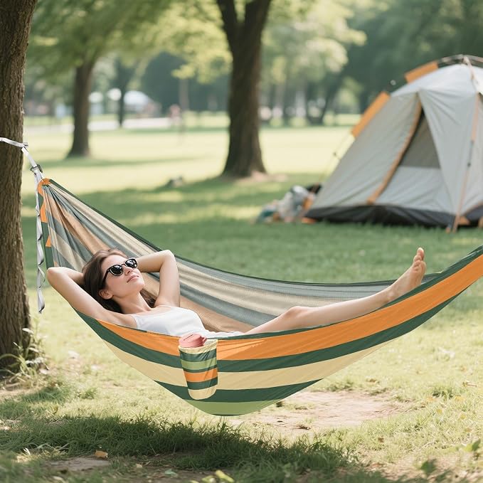 Camping Hammock Outdoor Hammocks for Outside Stripe Green Orange Beach Trees Portable Lightweight with Pockets Tree Straps Indoor