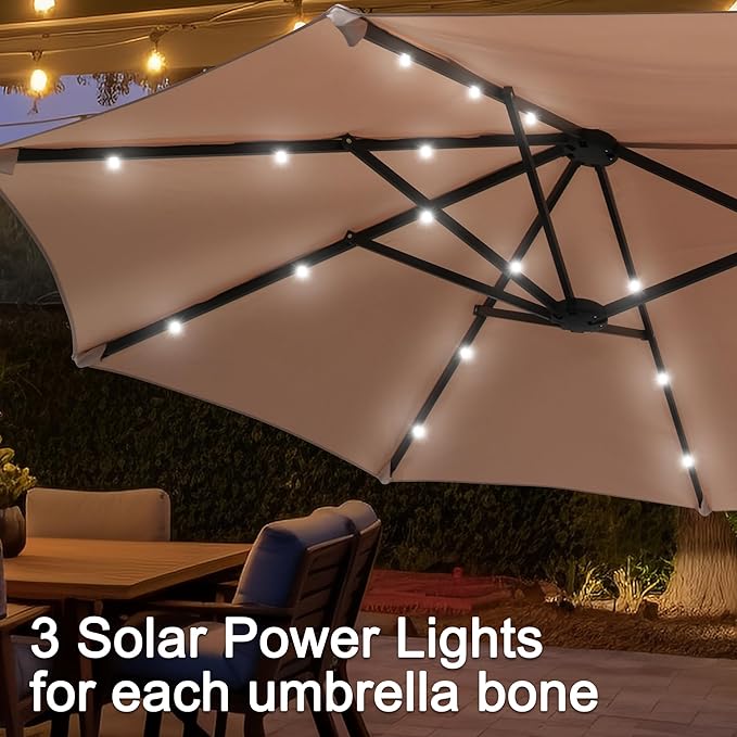 13 ft Patio Umbrella with 36 LED Lights, Large Rectangle Outdoor Solar Umbrella with Matching Base, Strap, Crank, Khaki