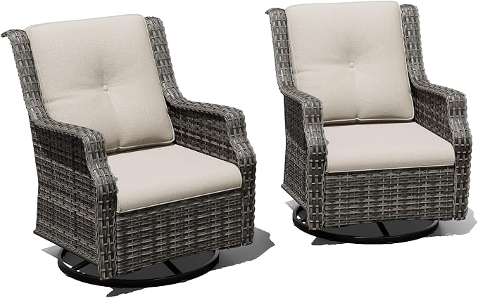 Swivel Patio Chairs Set of 2, Wicker Patio Furniture with Thick Cushions, Curved Armrest, Deep Seating, Rattan Outdoor Chairs for Porch, Deck, Balcony