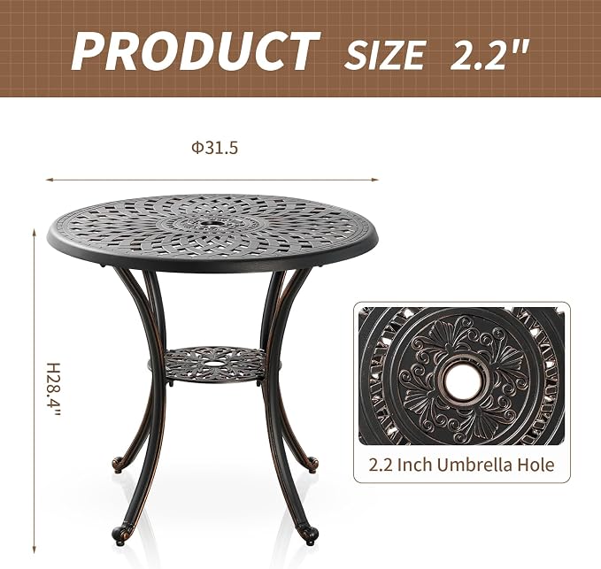 3 Piece Outdoor Dining Set,Cast Aluminum Bistro Set with Umbrella Hole, All Weather Patio Furniture Set, Small Patio Dining Set for Garden/Balcony/Deck, Bronze (Woven Backrest)