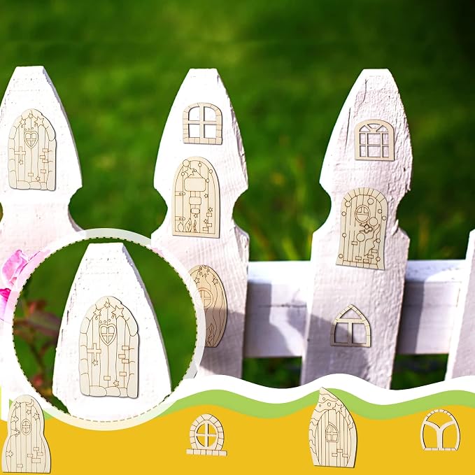 Yulejo 64 Pcs Mini Wooden Fairy Doors and Windows, Fairy House DIY Kit | Unpainted Wood Blanks for Garden Decor, Fairy House Accessories, Party Wedding Craft Projects