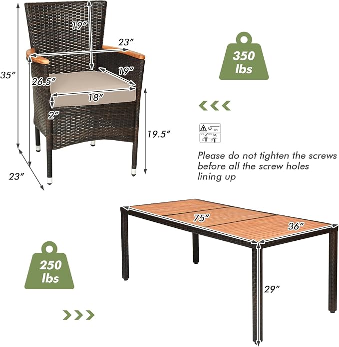 Patio Dining Set Outdoor Dining Set, 9 Pieces Wicker Patio Furniture Set with Acacia Wood Table and Chairs, Garden Dining Table Set for Backyard, Poolside, Desk, Christmas(Brown)