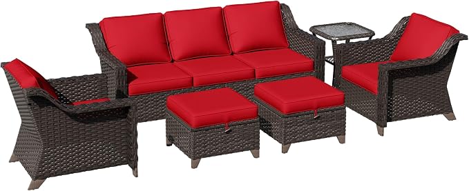 6 Pieces Patio Conversation Furniture Set - 1 Sofa, 2 Armchairs, 2 Ottomans, 1 Side Table, Outdoor Wicker Furniture with Removable Cushions for Porch, Balcony, Sunroom (Red)