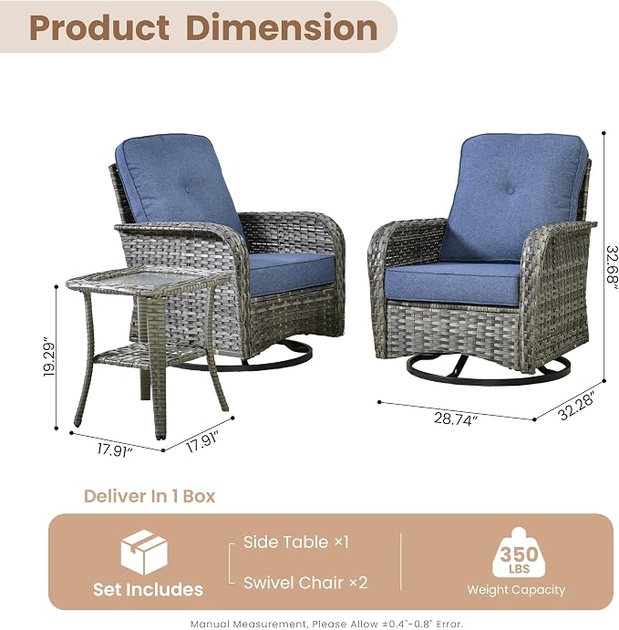 HOOOWOOO Patio Furniture Set,3 Pieces Outdoor Conversation Set,All Weather Wicker High Back Swivel Chairs Bistro Set with Side Table,Denim Blue