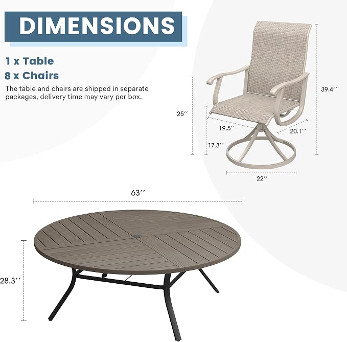 DIFY Patio Table and Chairs Set for 8, 9 Piece Outdoor Dining Set, 63" Grey Wood-Like Round Metal Dining Table with Umbrella Hole and 8 Sandshell Textilene Swivel Patio Chairs, for Garden Backyard