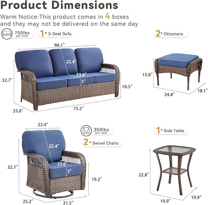 6 PCS Patio Furniture Set Outdoor Sectional Sofa Couch with Rocking Swivel Chairs 5" Deep Seat Chairs, Modern Wicker Rattan Conversation Set, Blue/Brown Wicker