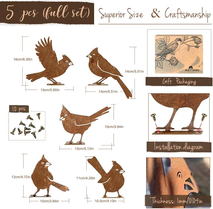 OULYDEKO 5PCS Rusty Birds Decoration, Garden Decor Spring Decorations Outdoor, Metal Birds Yard Decor Perfect Yard Art and Large Outdoor Ornaments, Cardinal Gifts,Metal Bird Silhouette Statues
