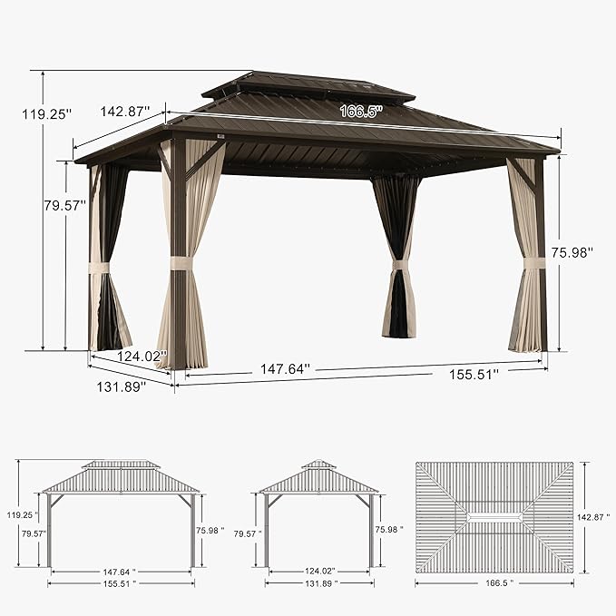 PURPLE LEAF 12’ X 14’ Outdoor Hardtop Gazebo Metal Frame Galvanized Steel Double Roof with Curtains and Nettings for Patio Desk Backyard Bronze