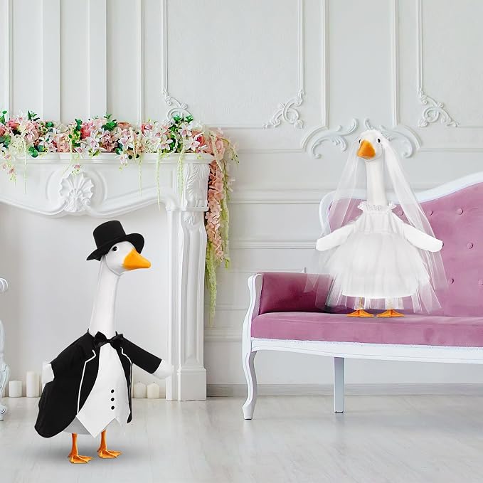 Geyoga 2 Sets Wedding Porch Goose Outfits for 23'' Goose Couple Bridegroom Suit Blazer Bride Wedding Dresses Couple Costume(Classic Style)