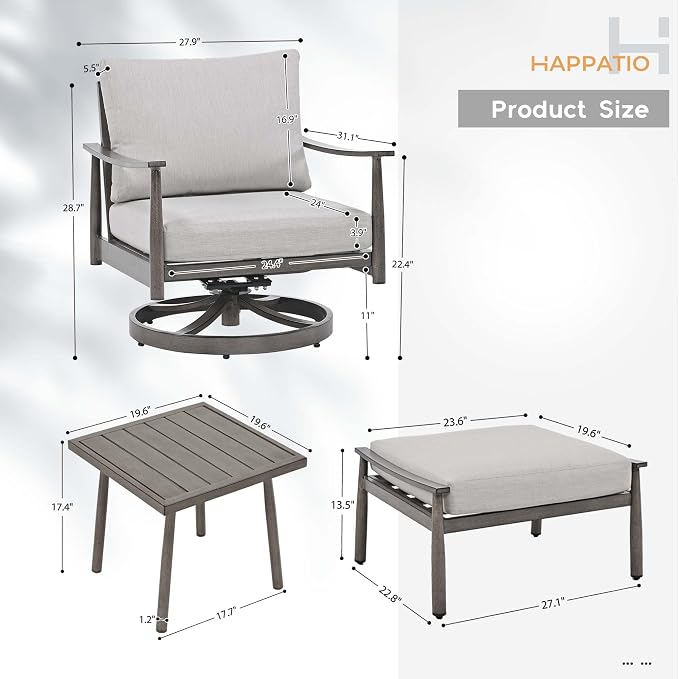 HAPPATIO Aluminum Outdoor Furniture Set - 5 Pieces Patio Furniture Set Includes 1 Side Table, 2 Swivel Chairs and 2 Ottomans with Thick Cushion, Patio Conversation Set for Backyard Poolside (Grey)