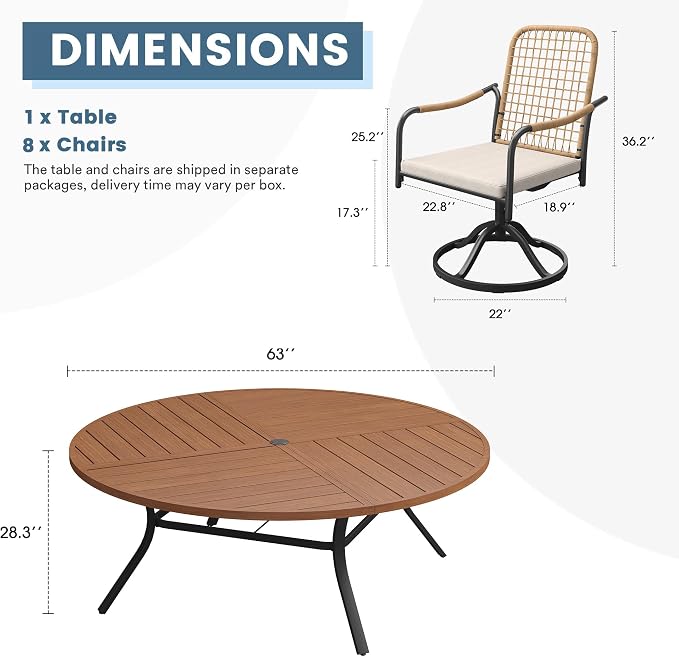 DIFY 9 Pieces Outdoor Dining Set, Metal Patio Table and Chairs Set for 8, 63" Round Dining Table with Umbrella Hole & Wicker Swivel Patio Chairs with Cushions, Walnut Tabletop