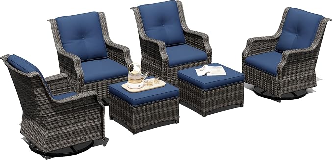 Outdoor Patio Furniture Set, 6 Piece Wicker Patio Furniture with Thick Cushions, Curved Armrest, Deep Seating, Outdoor Swivel Rocker Chairs for Porch, Deck, Balcony