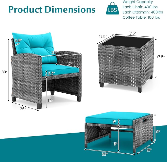 Tangkula 5 Pieces Patio Conversation Set, PE Wicker Rattan Outdoor Furniture Set with 2 Chairs, 2 Ottomans & Tempered Glass Coffee Table, Ideal for Poolside, Backyard, Lawn, Deck, Mix Grey & Turquoise