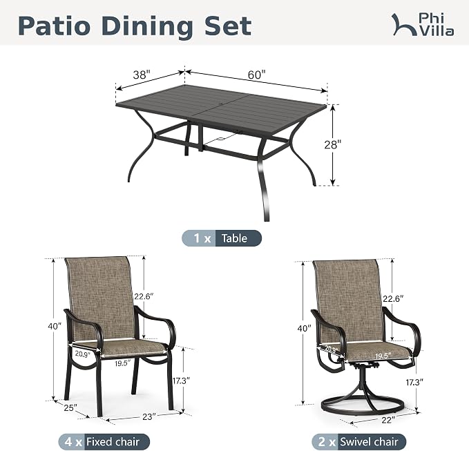 PHI VILLA 7 Pcs Outdoor Dining Set for 6, Mesh Patio Chairs & Metal Table | 60'' metal rectangular table with umbrella hole and 2 swivel & 4 fixed textilene chairs, designed for deck, backyard, garden