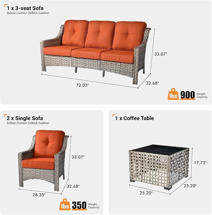 ovios 4 Piece Outdoor Patio Furniture with 3 Seat Sofa,Rattan Wicker Coversation Set with High Back,Sectional Single Sofa with Ottoman for Outside Porch Balcony Backyard Pool, Orange