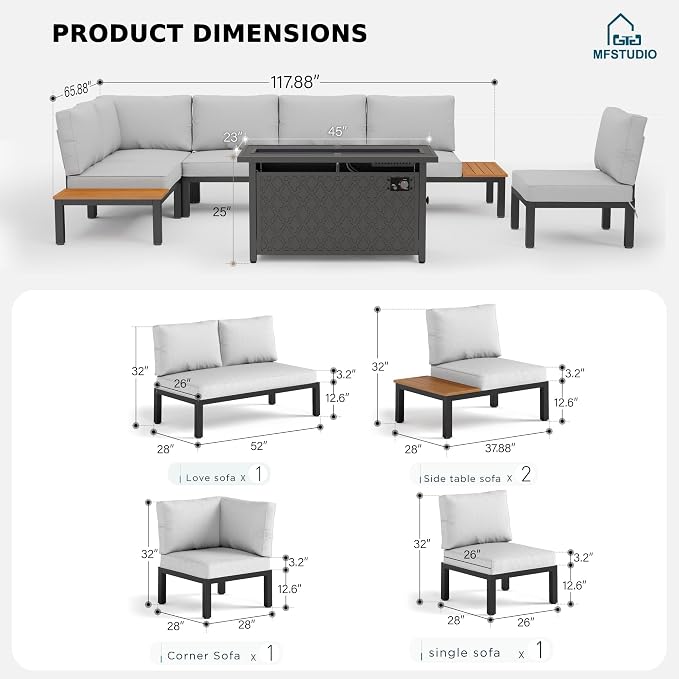MFSTUDIO 6 Pieces Outdoor Sectional with Fire Pit Table, Metal L-Shaped Outdoor Patio Furniture Set with Cushion, Modular Patio Conversation Set, Modern Backyard Furniture for Deck,Garden