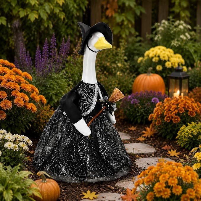 Halloween Porch Goose Outfits for 23'' Lawn Geese Statue, Witch Porch Goose Clothes with Black Spiderweb Dress Witch Hat Broom, Outdoor Garden Goose Costume Accessories for Halloween Patio Yard Decor