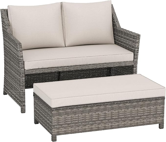 OC Orange-Casual 2-Piece Outdoor Patio Furniture Wicker Love-seat and Coffee Table Set, with Built-in Storage Bin, Grey Rattan, Beige Cushions
