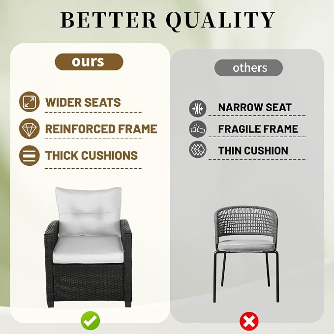 3 Pieces Patio Furniture Set,Outdoor Wicker Conversation Set,Outdoor Wicker Patio Chairs with Cushions & Glass Coffee Table,Bistro Set Outdoor for Porch (White)
