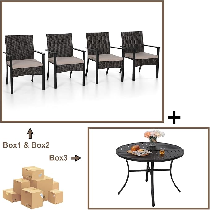 Sophia & William 5 Pieces Round Patio Dining Set for 4, 42" Diam Round Outdoor Table with Umbrella Hole, 4 Rattan Chairs with Cushion, All Weather Patio Table and Chairs Set for Outside