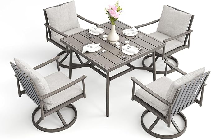 5-Piece Outdoor Dining Set - Aluminum Patio Dining Set with Removable Cushions,4 Swivel Chairs with Rope Backrest, Square Table with Umbrella Hole,Rustproof for Lawn Porch Yard,Grey