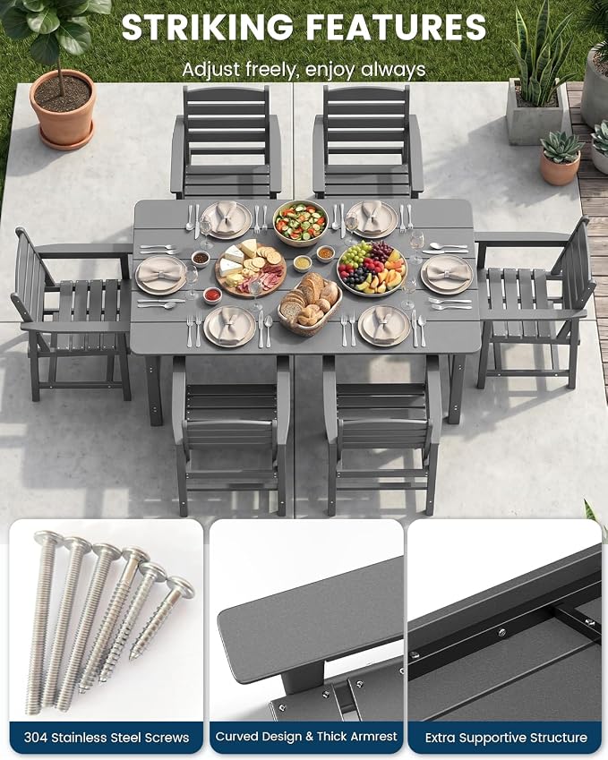 FOOWIN Outdoor Table and Chairs Set 7-Piece HDPE All Weather Patio Dining Set with Umbrella Hole,Outdoor Patio Furniture Dining Set for 6,Patio Kitchen Table Set for Garden,Backyard,Poolside Grey