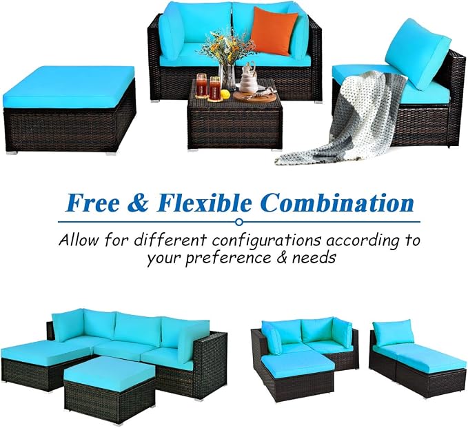 Tangkula 5 Piece Patio Furniture Set, Outdoor Sectional Rattan Sofa Set with Cushions and Coffee Table, Suitable for Backyard Porch Garden Poolside and Deck, Wicker Conversation Set (Turquoise)