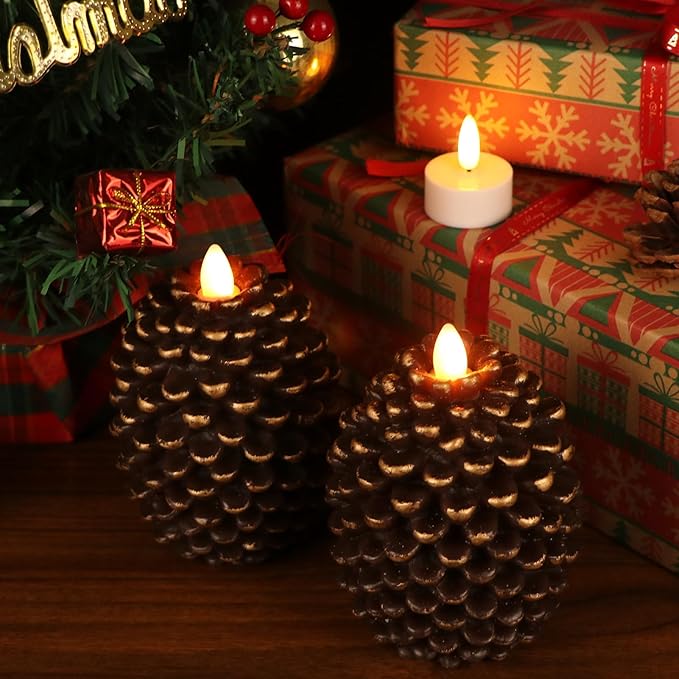 DRomance Flameless Pinecone Candles Battery Operated with 6 Hour Timer Set of 2 Real Brown Wax Flat Wick LED Flickering Pillar Candles Christmas Holiday Decor(Brown, 3.5 x 4.7 Inch)