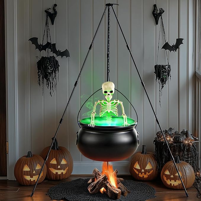 MEADIN Halloween Decorations Outdoor - Large Witches Cauldron on Tripod with Cauldron Diffuserr and Big Skeleton - Black Plastic Cauldron Halloween Decor for Outside Yard Lawn Home Porch Door