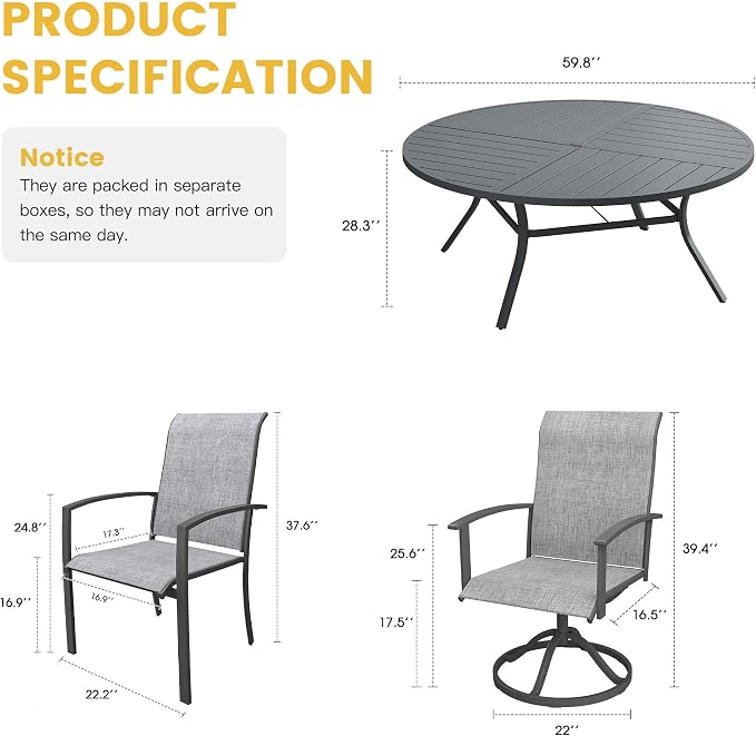 VICLLAX 9 Pieces Patio Dining Set for 8, 60.1" Round Outdoor Table and Chairs (4 Patio Fixed Chairs and 4 Swivel Chairs) for Deck Garden, Dark Grey