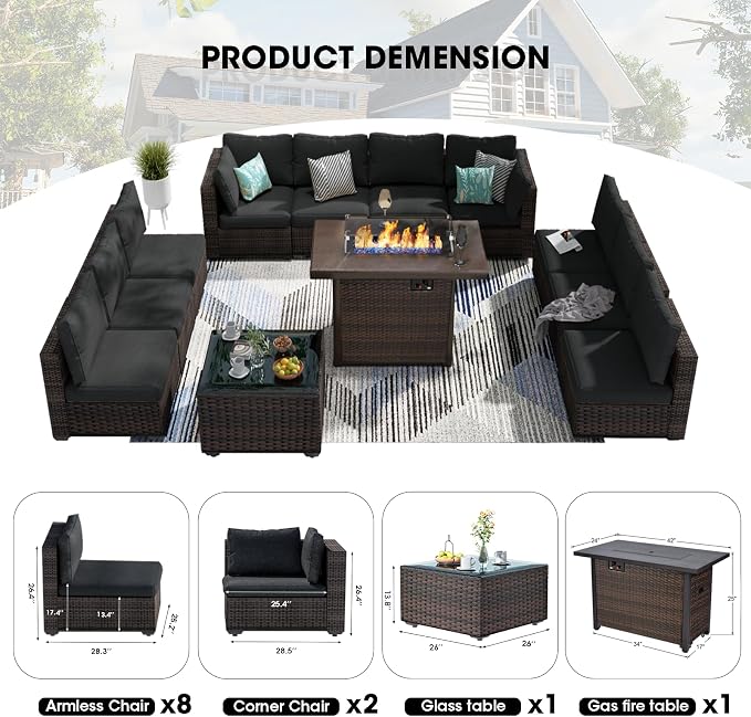 12 Piece Patio Furniture Set with Fire Pit Table, Outdoor Sectional Sofa PE Rattan, Patio Conversation Sets with Cushions for Garden Lawn Balcony Porch Deck Black