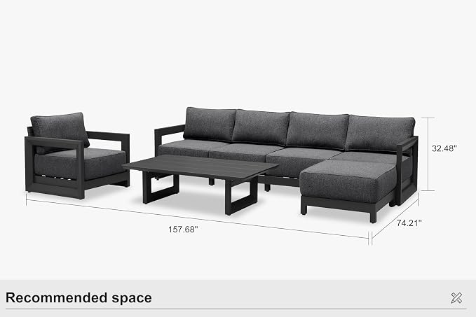 PURPLE LEAF Patio Furniture Set Open-End Outdoor Couch with 9.6" Thick Cushion and Soft Pillows 7 Piece Outdoor Sectional Sofas with Ottoman Modern Patio Conversation Sets for Yard Porch Deck, Grey