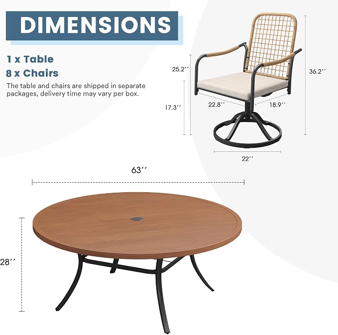 DIFY 9 Pieces Outdoor Dining Set for 8, 63" Round Dining Table with Umbrella Hole & Wicker Swivel Patio Chairs with Cushions, Metal Patio Table and Chairs Set for Backyard Porch Garden, Walnut