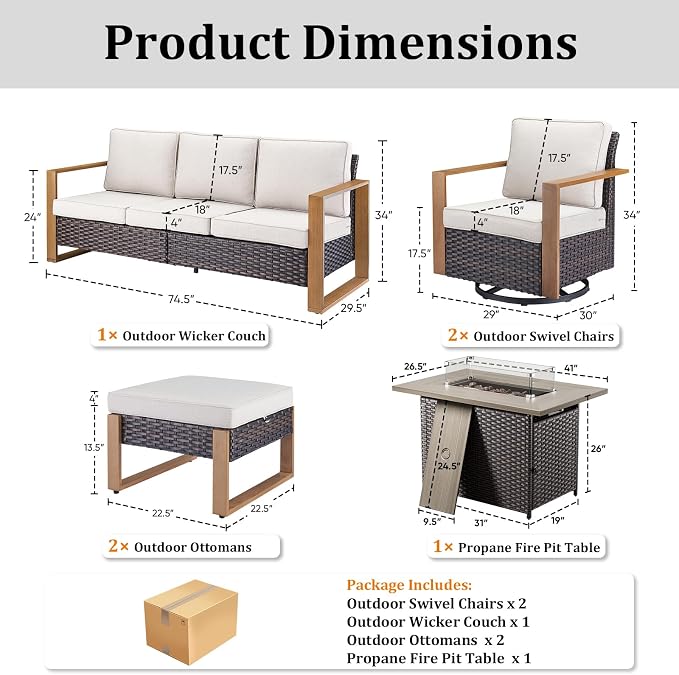 Patio Furniture Set with Fire Pit Table, 6-Piece Outdoor Wicker Sofa and Swivel Chairs, All-Weather Conversation Set for Backyard, Deck and Poolside Beige